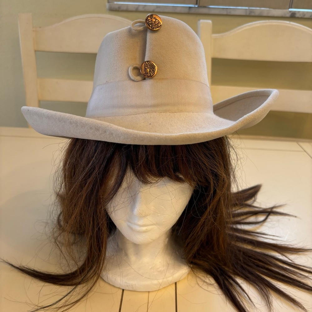 Mr John Jr Beige Fedora Western Hint Hat with Ribbon Band and Button Accents